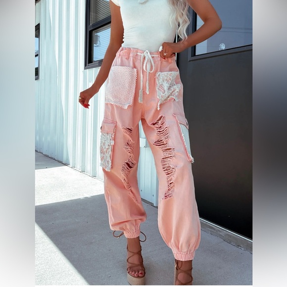 POL Clothing Peach Patchwork Crochet Lace Drawstring Distressed Jogger - Picture 7 of 10